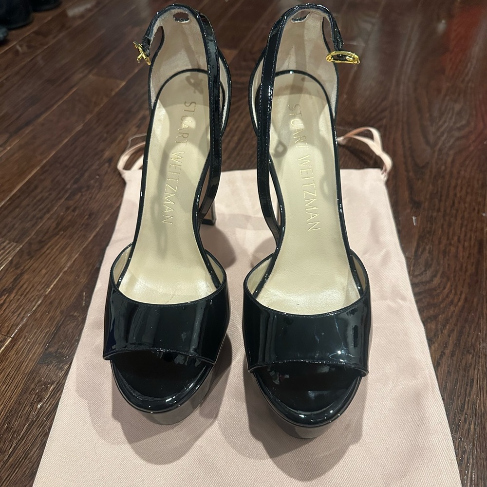 Stuart Weitzman Black Patent Leather Platform Heels with Gold Buckles